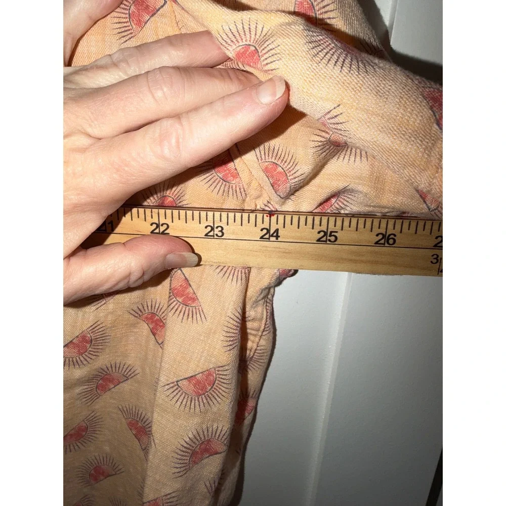 ROWM Mens XL Peach Rising Sun Print Short Sleeve Button Down Shirt Slub Texture